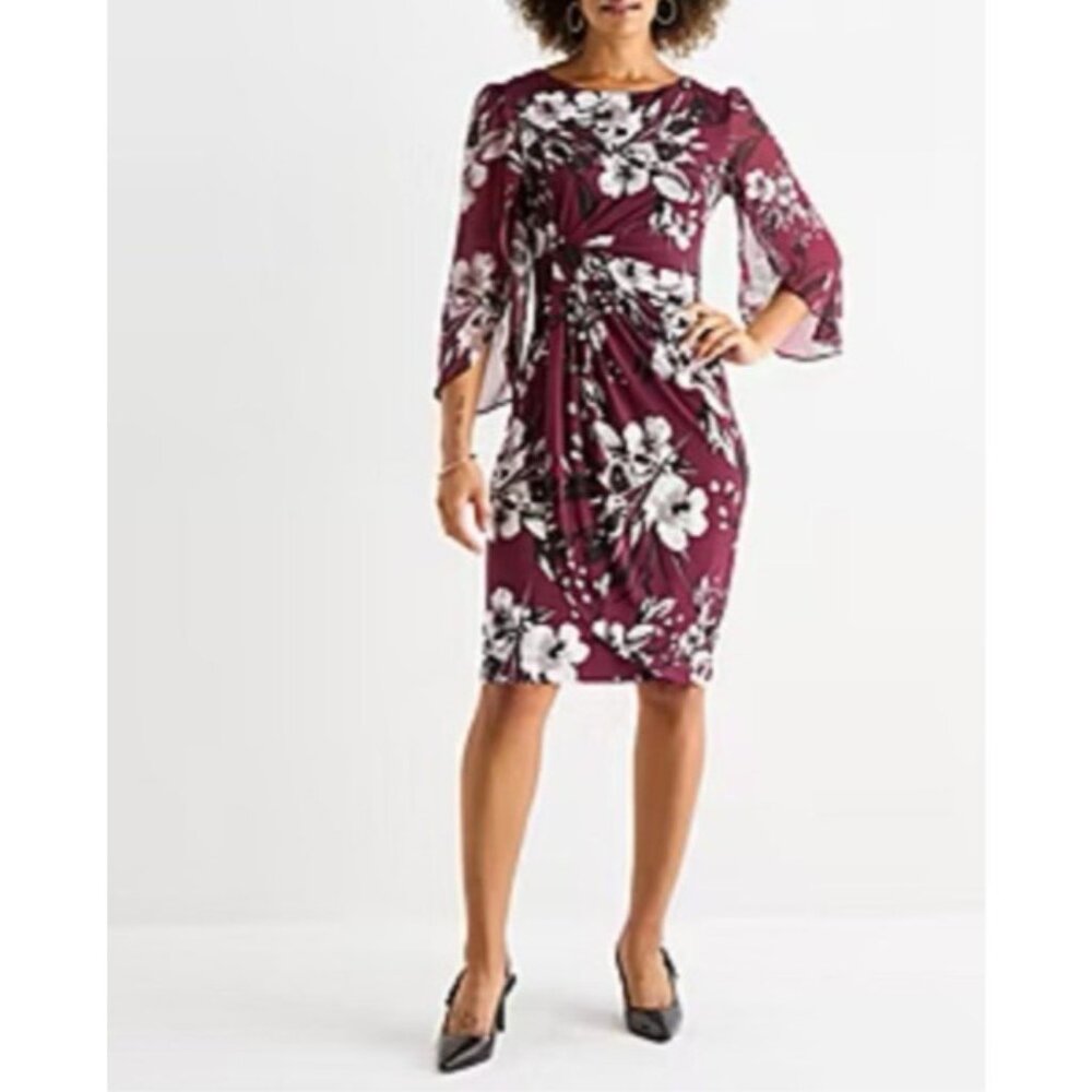 Connected Dress 8 Burgundy Floral 3/4 Sleeve Stretch Career Washable NEW